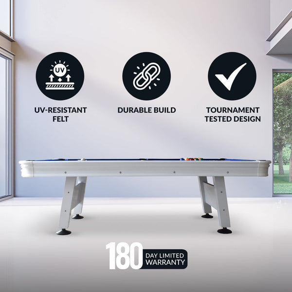 Alpine 8-ft Outdoor Pool Table - White with Blue Felt – Blue Wave
