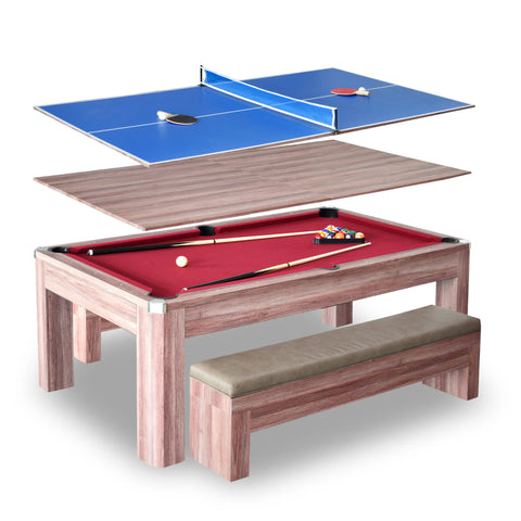 Newport 7-ft Pool Table Combo Set with Benches - Light Oak with Red Felt