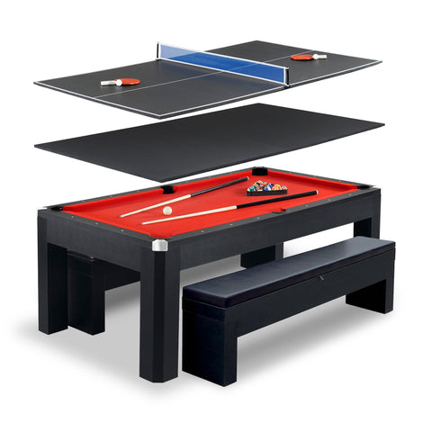 Park Avenue 7-ft Pool Table Combo Set with Benches - Black with Red Felt