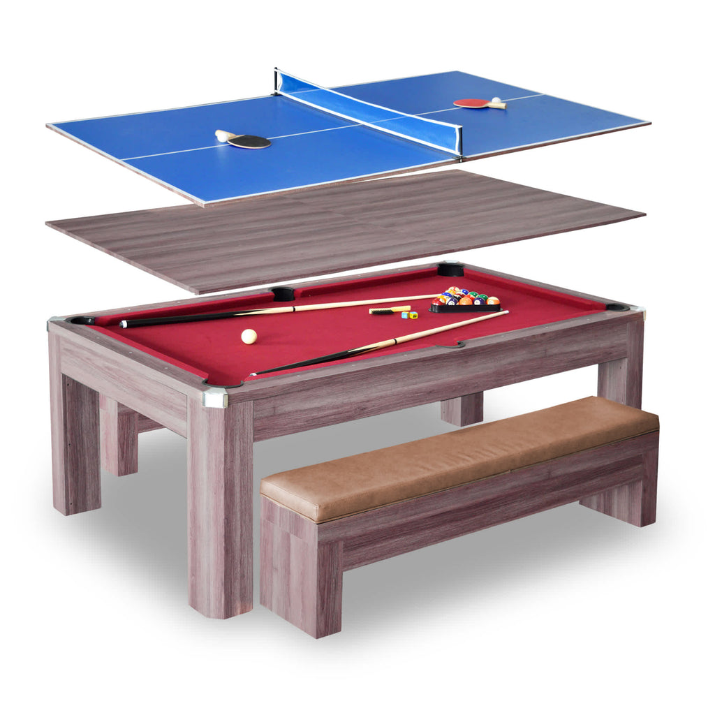 Newport 7-ft Pool Table Combo Set with Benches - Light Oak with Red Felt