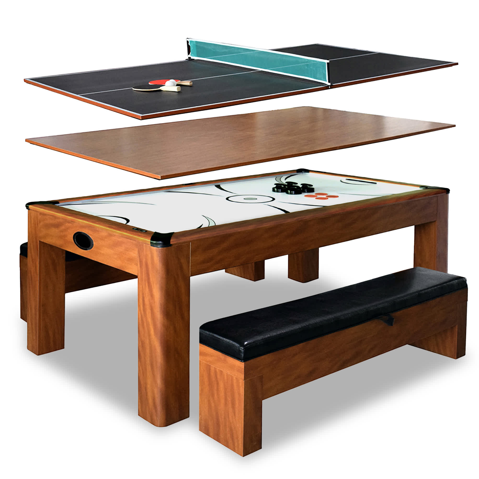 Sherwood 7-ft Air Hockey Table Combo Set with Benches – Blue Wave
